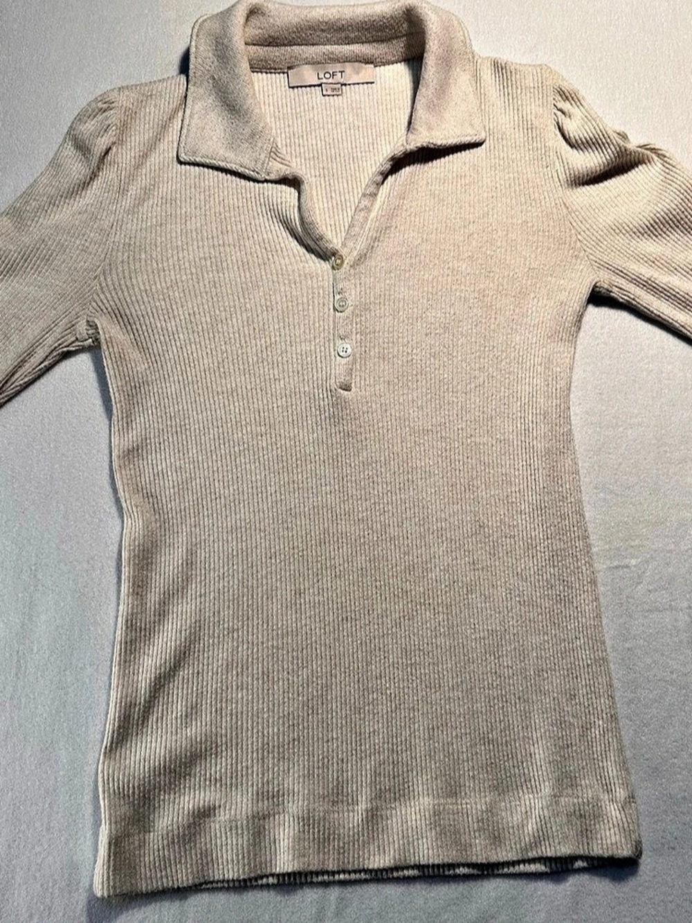 LOFT Oatmeal Cream Ribbed Knit Henley Polo Sweater Top Academia Preppy Softgirl - Picture 7 of 11